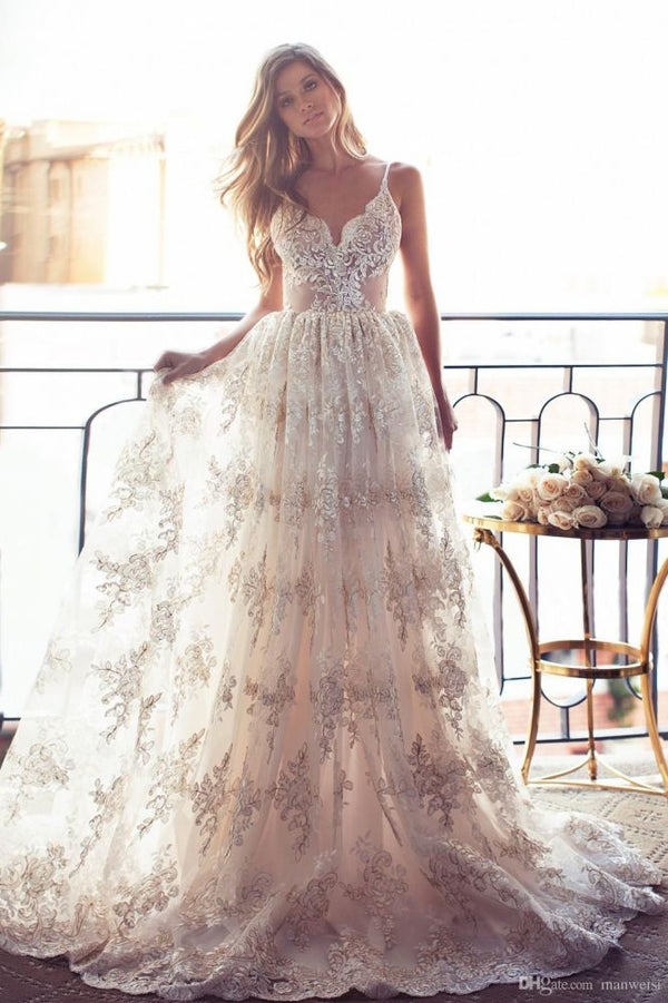 Full Lace Open Back Wedding Dresses Modern Spaghetti Straps Summer Bridal Gowns-showprettydress