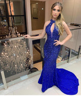 Fully covered Beads Halter Chic Keyhole Open back Yoyal Blue Prom Party Gowns with Court Train-showprettydress