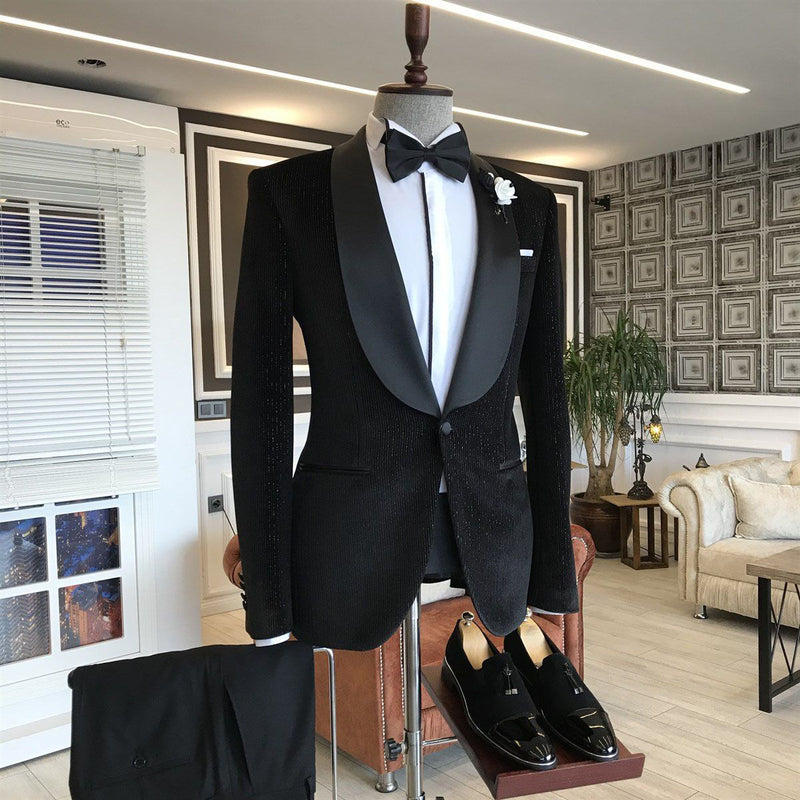 Gentle Black Velvet Shawl Lapel With One Button Slim Fit Wedding Suits-showprettydress
