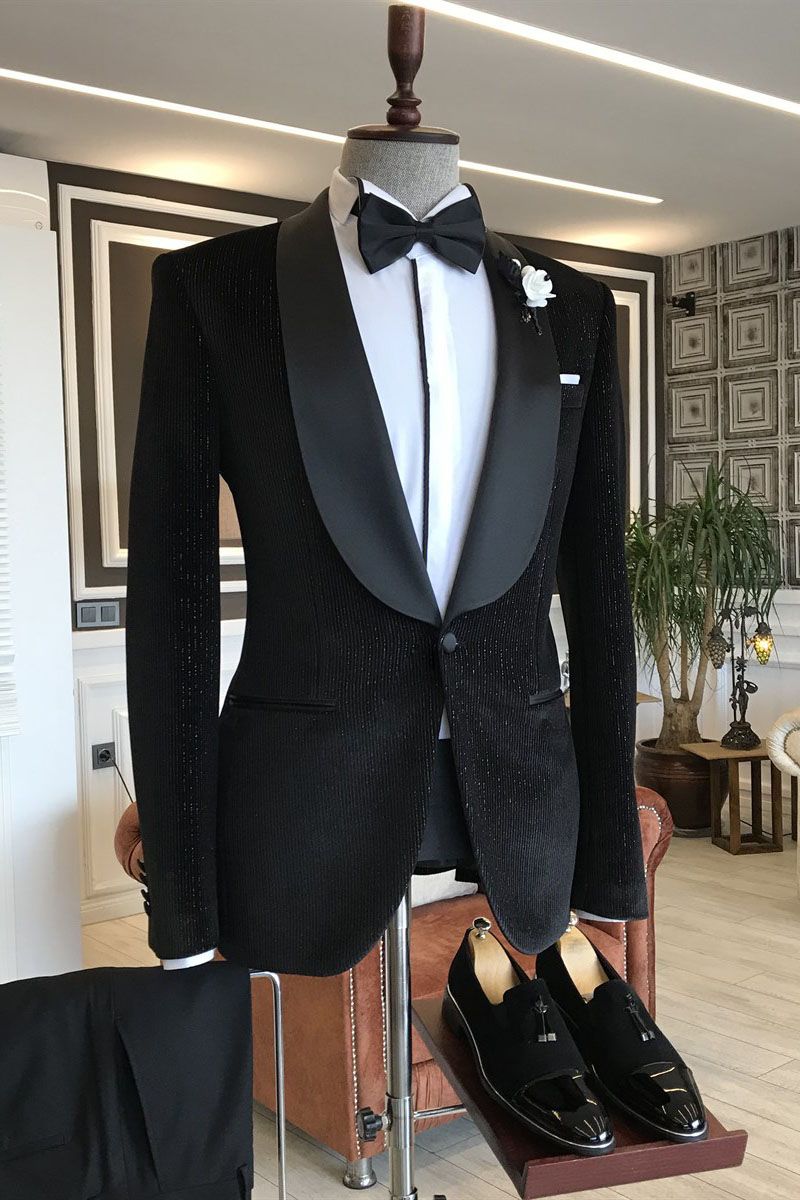 Gentle Black Velvet Shawl Lapel With One Button Slim Fit Wedding Suits-showprettydress