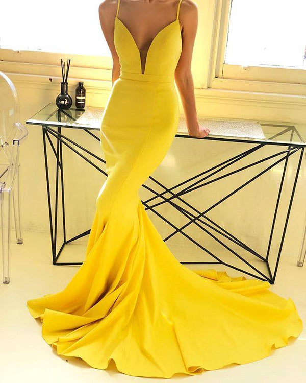 Ginger Yellow Deep V-neck Prom Party Gowns with Chapel Train Chic Simple Body-fitting Evening Dress for Sale-showprettydress