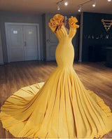 Ginger Yellow Fit and Flare Prom Dresses Ruffles Court Train Wholesale Evening Gowns-showprettydress