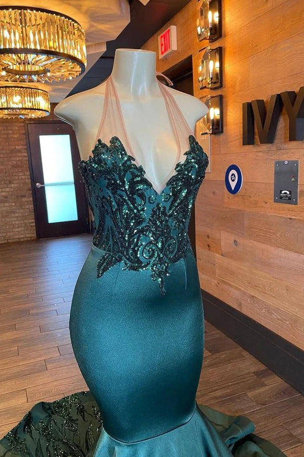 Glamorou Long Mermaid Halter V-neck Backless Prom Dress With Beading-showprettydress