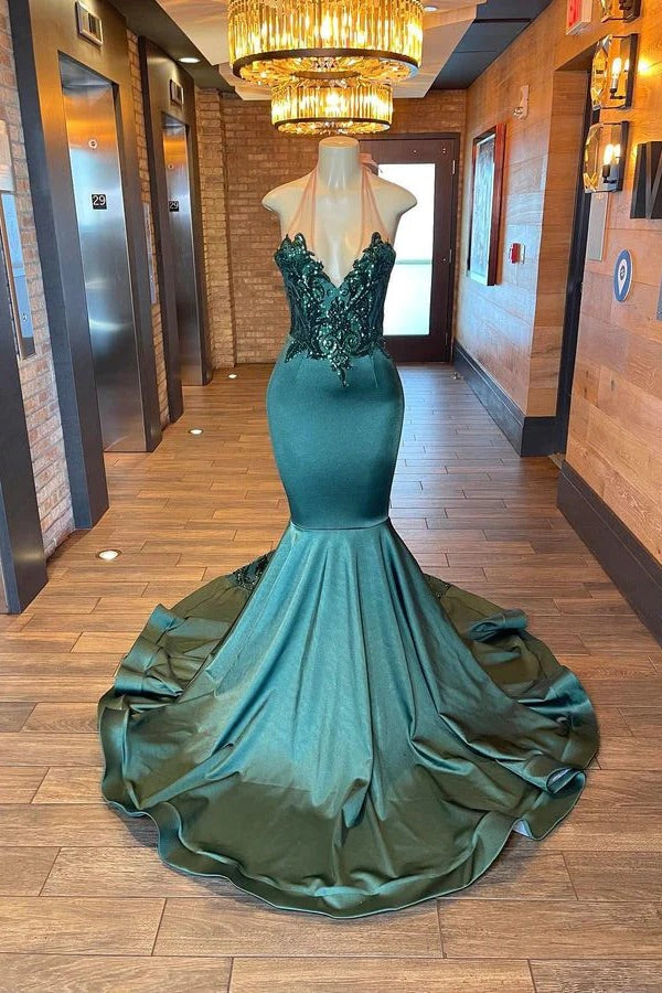 Glamorou Long Mermaid Halter V-neck Backless Prom Dress With Beading-showprettydress