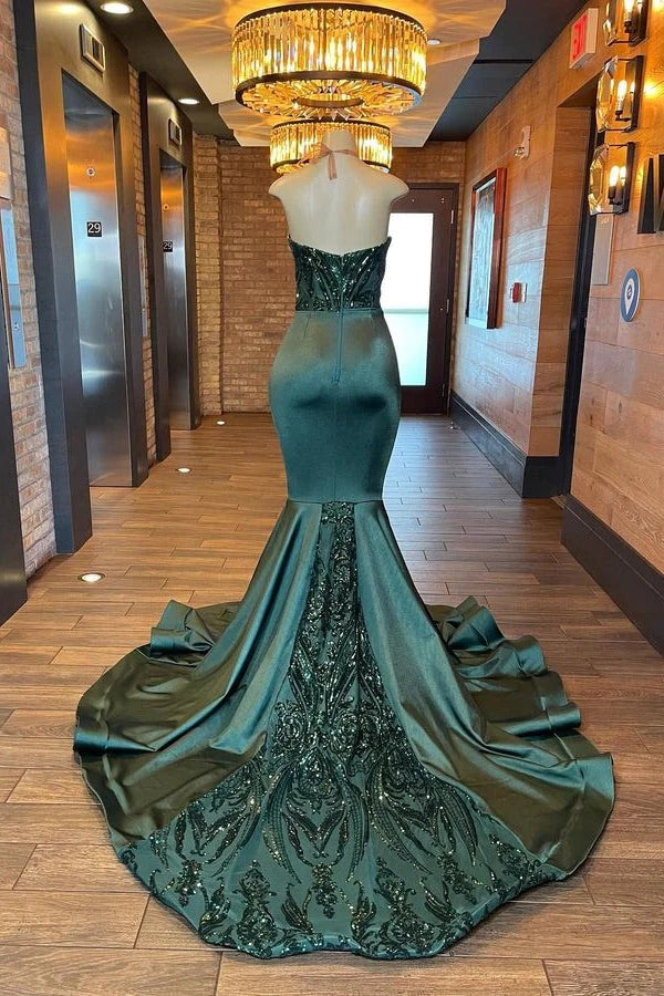 Glamorou Long Mermaid Halter V-neck Backless Prom Dress With Beading-showprettydress