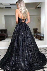 Glamorous Black Long A-line V-neck Sequins Backless Formal Prom Dress-showprettydress