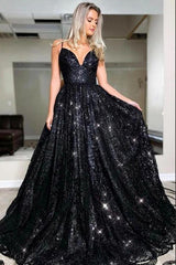 Glamorous Black Long A-line V-neck Sequins Backless Formal Prom Dress-showprettydress