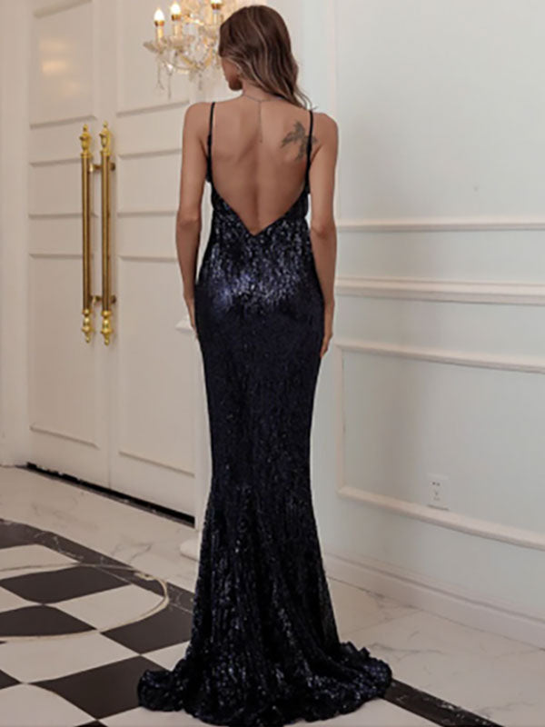 Glamorous Black Sweep Sleeveless Sequins Sweetheart Neck Evening Dresses-showprettydress