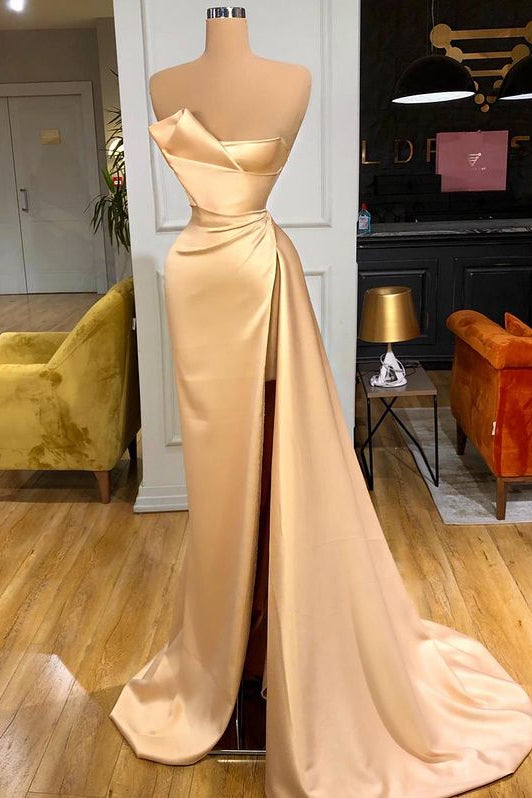 Glamorous Champagne Starpless Long Prom Dress With Split Online-showprettydress