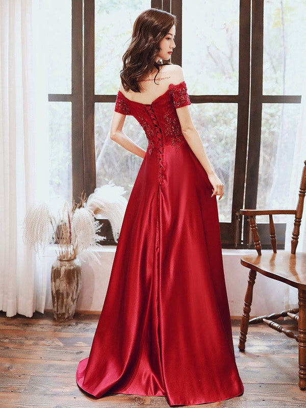 Glamorous Evening Dress A-Line Bateau Neck Floor-Length Short Sleeves Lace-up Beaded Matte Satin evening dress-showprettydress