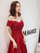 Glamorous Evening Dress A-Line Bateau Neck Floor-Length Short Sleeves Lace-up Beaded Matte Satin evening dress-showprettydress