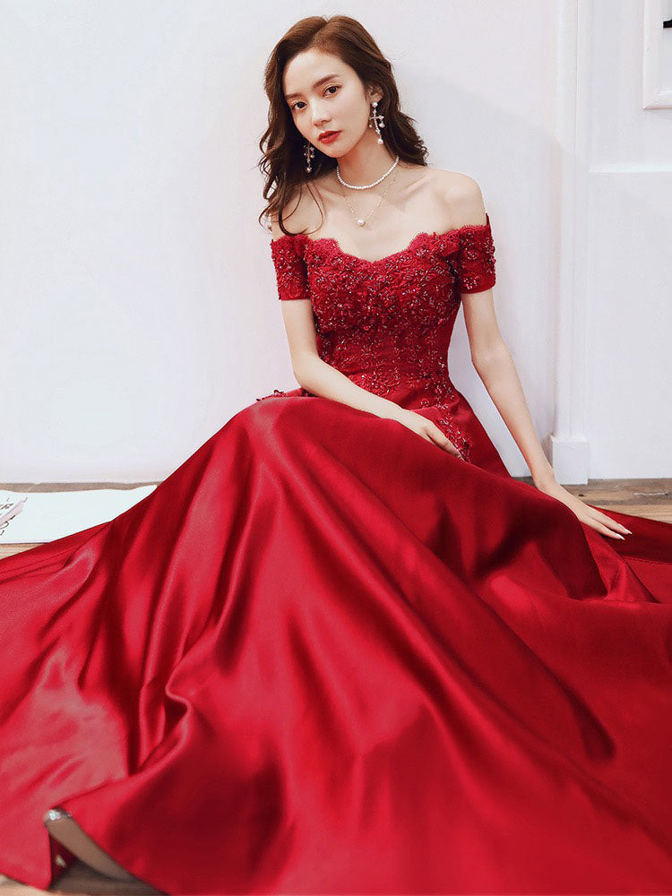 Glamorous Evening Dress A-Line Bateau Neck Floor-Length Short Sleeves Lace-up Beaded Matte Satin evening dress-showprettydress