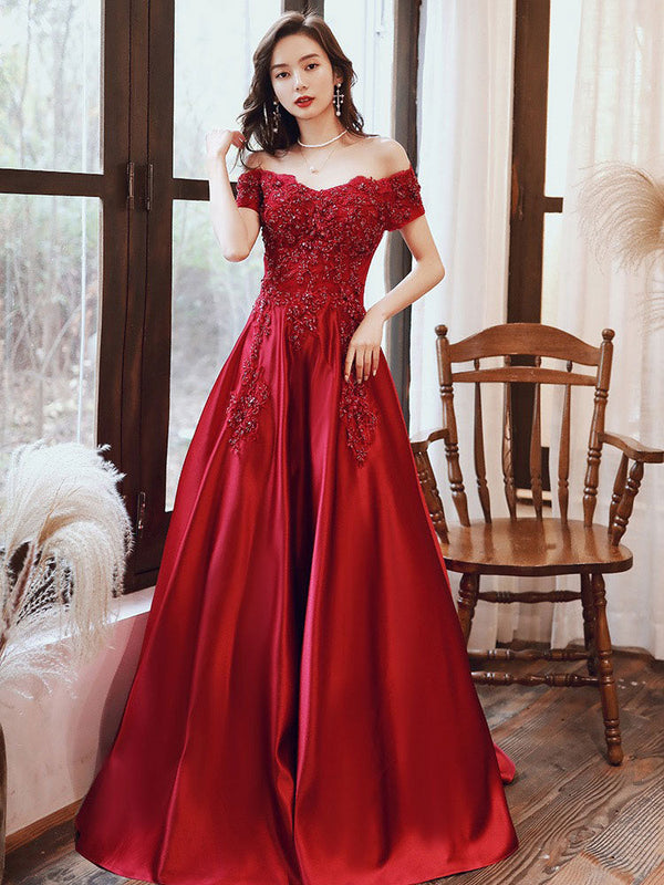 Glamorous Evening Dress A-Line Bateau Neck Floor-Length Short Sleeves Lace-up Beaded Matte Satin evening dress-showprettydress
