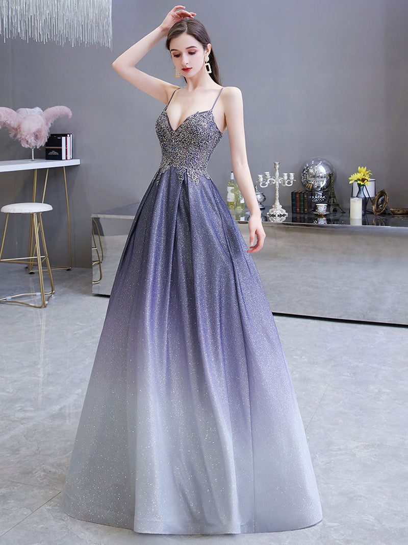 Glamorous evening dress A Line Sweetheart Neck Straps Sleeveless Metallic Gradient Color Floor Length Formal Party Dresses-showprettydress