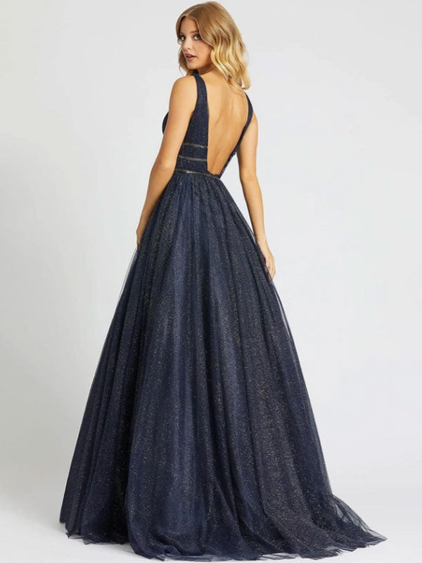 Glamorous Evening Dress Princess Silhouette V-Neck Sleeveless Backless Sequins Tulle Social Party Dresses-showprettydress