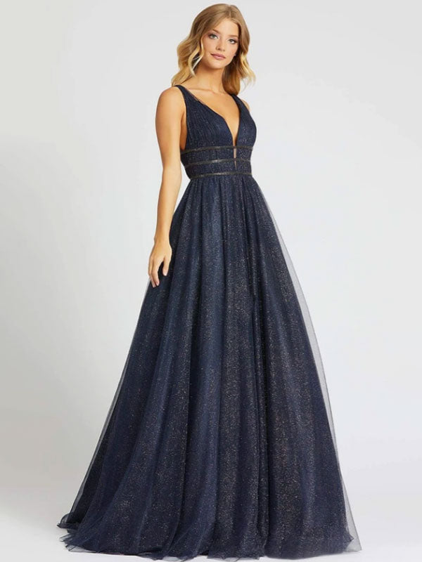 Glamorous Evening Dress Princess Silhouette V-Neck Sleeveless Backless Sequins Tulle Social Party Dresses-showprettydress
