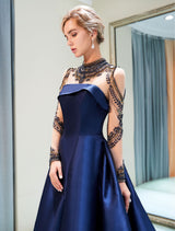 Glamorous Evening Dresses Luxury Dark Navy Satin A Line Long Sleeve Lace Illusion High Collar Quinceanera Dress-showprettydress