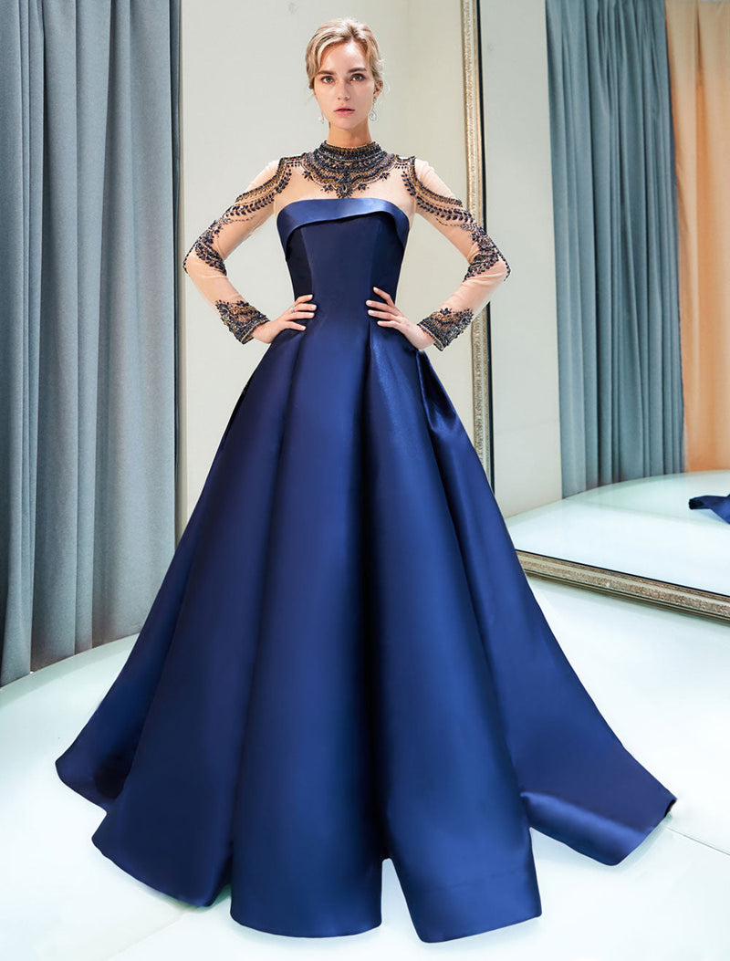 Glamorous Evening Dresses Luxury Dark Navy Satin A Line Long Sleeve Lace Illusion High Collar Quinceanera Dress-showprettydress