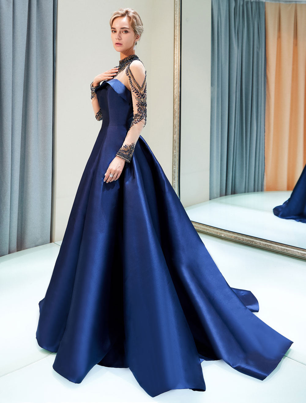 Glamorous Evening Dresses Luxury Dark Navy Satin A Line Long Sleeve Lace Illusion High Collar Quinceanera Dress-showprettydress