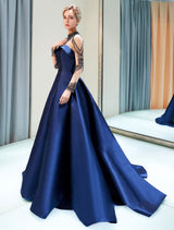 Glamorous Evening Dresses Luxury Dark Navy Satin A Line Long Sleeve Lace Illusion High Collar Quinceanera Dress-showprettydress