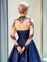 Glamorous Evening Dresses Luxury Dark Navy Satin A Line Long Sleeve Lace Illusion High Collar Quinceanera Dress-showprettydress