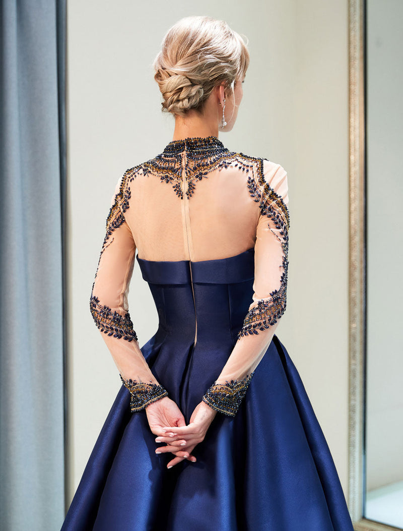 Glamorous Evening Dresses Luxury Dark Navy Satin A Line Long Sleeve Lace Illusion High Collar Quinceanera Dress-showprettydress