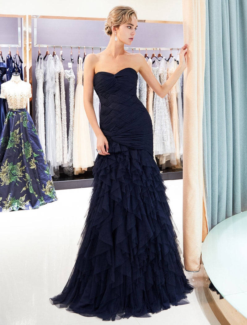 Glamorous Evening Dresses Luxury Dark Navy Strapless Sweetheart Tiered Maxi Mermaid evening dress-showprettydress