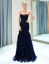 Glamorous Evening Dresses Luxury Dark Navy Strapless Sweetheart Tiered Maxi Mermaid evening dress-showprettydress