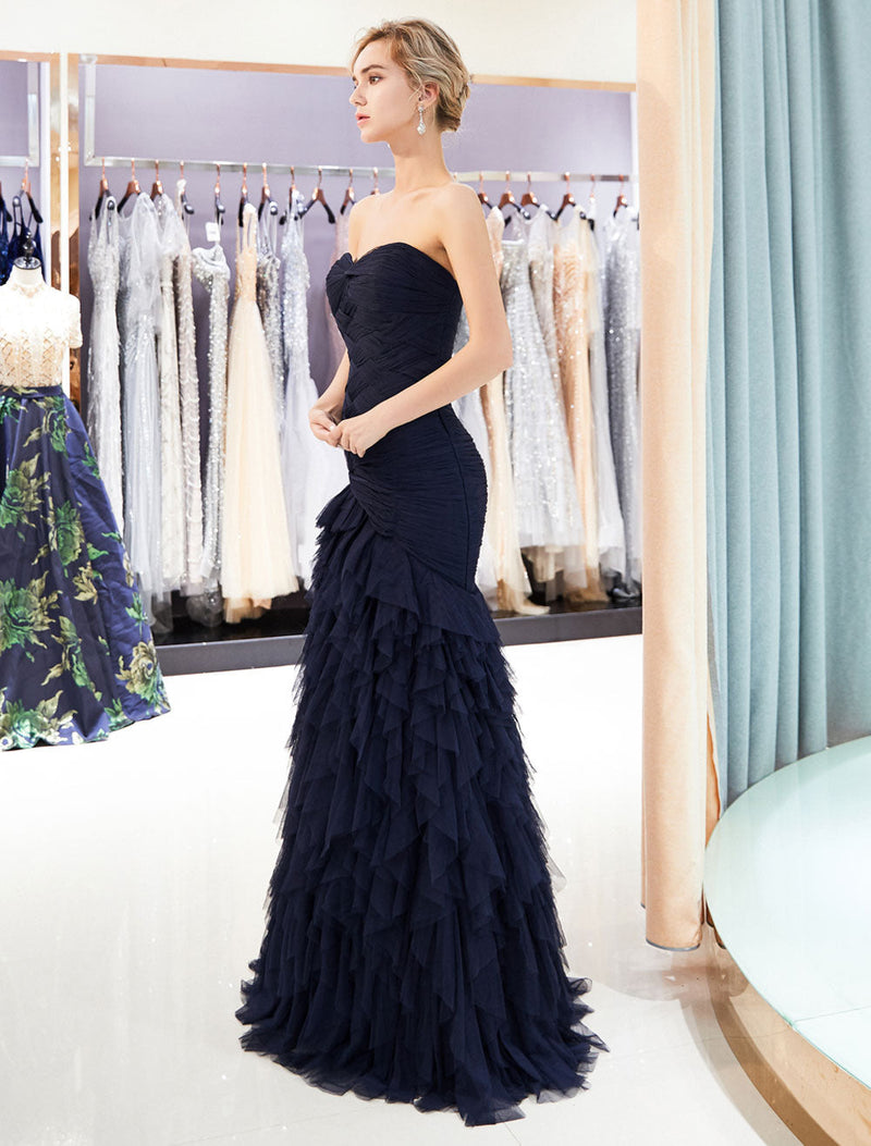 Glamorous Evening Dresses Luxury Dark Navy Strapless Sweetheart Tiered Maxi Mermaid evening dress-showprettydress