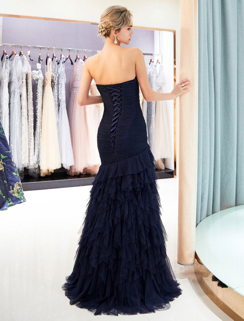Glamorous Evening Dresses Luxury Dark Navy Strapless Sweetheart Tiered Maxi Mermaid evening dress-showprettydress