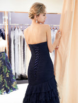 Glamorous Evening Dresses Luxury Dark Navy Strapless Sweetheart Tiered Maxi Mermaid evening dress-showprettydress