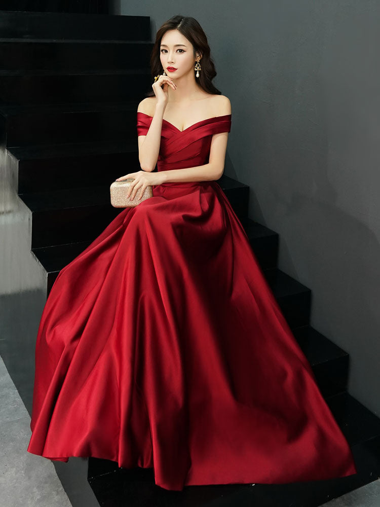Glamorous Evening Dresses Off The Shoulder evening dress Long Satin Maxi Dresses-showprettydress