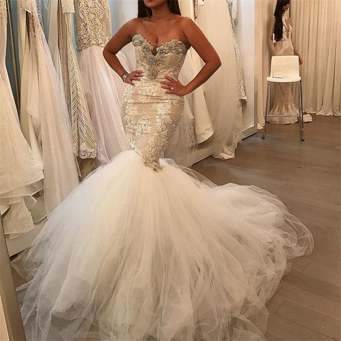 Glamorous Fit and Flare Tulle Wholesale Wedding Dresses Lace Sweetheart Crystal Bridal Gowns-showprettydress