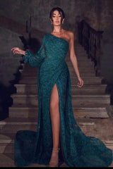 Glamorous Green Front Slit Lace Evening Dress Sequins One Shoulder With Long Sleeve On One Side-showprettydress