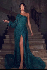 Glamorous Green Front Slit Lace Evening Dress Sequins One Shoulder With Long Sleeve On One Side-showprettydress