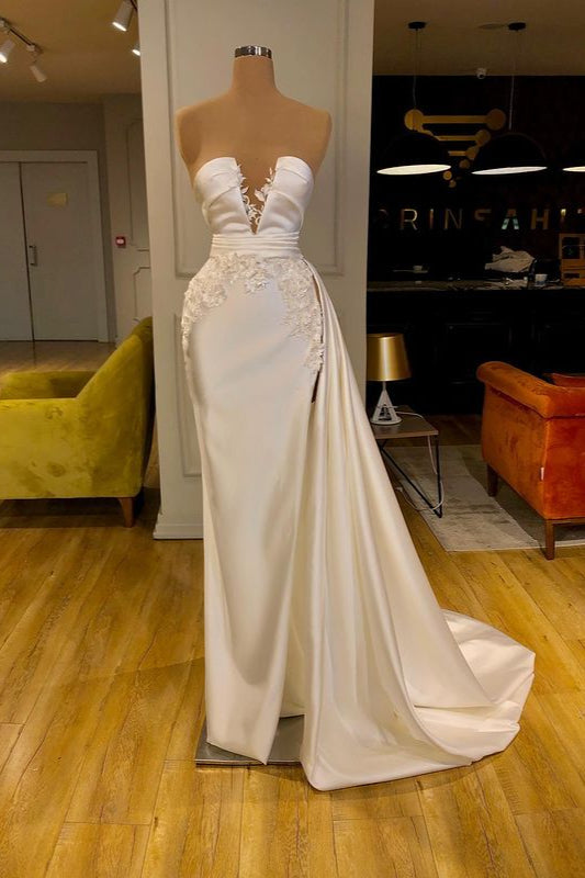 Glamorous Ivory Long Mermaid Satin Prom Dress With Appliques-showprettydress