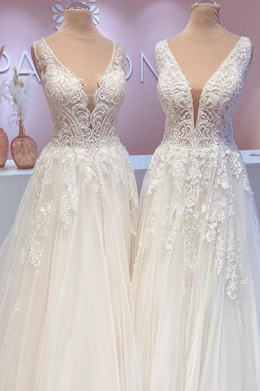 Glamorous Long A-Line Open Back Tulle Appliques Lace Wedding Dress-showprettydress