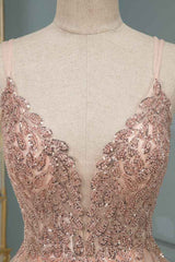 Glamorous Long A-line Sequins V-Neck Open Back Evening Prom Dress-showprettydress