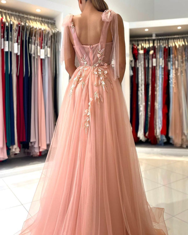 Glamorous Long A-line Sweetheart Straps Tulle Backless Evening Prom Dress With Split-showprettydress