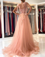 Glamorous Long A-line Sweetheart Straps Tulle Backless Evening Prom Dress With Split-showprettydress