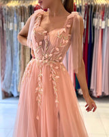 Glamorous Long A-line Sweetheart Straps Tulle Backless Evening Prom Dress With Split-showprettydress