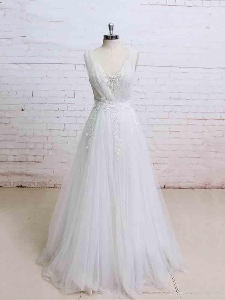 Glamorous Long A-line V-Neck Backless Tulle Wedding Dresses-showprettydress