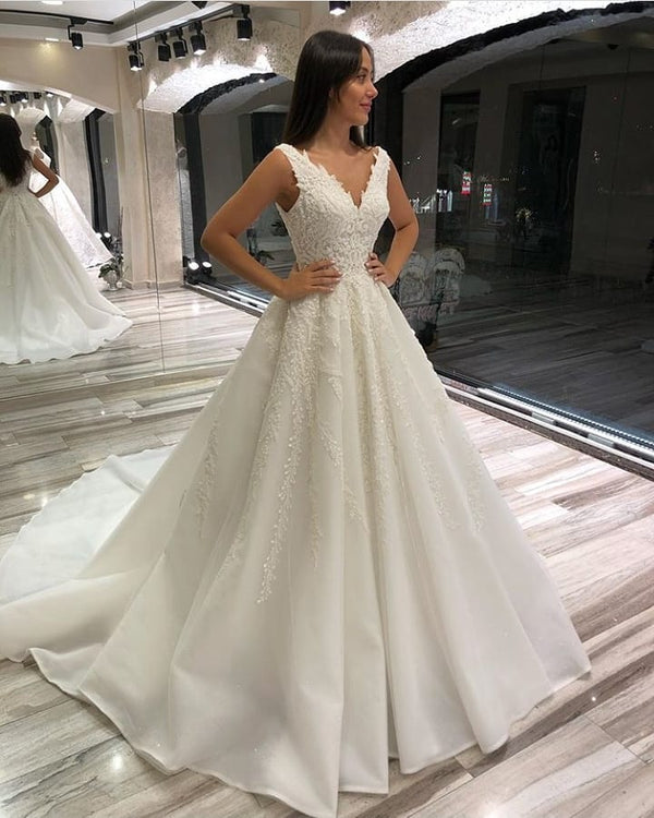 Glamorous Long A-line V-neck Sleeveless Lace Wedding Dress-showprettydress