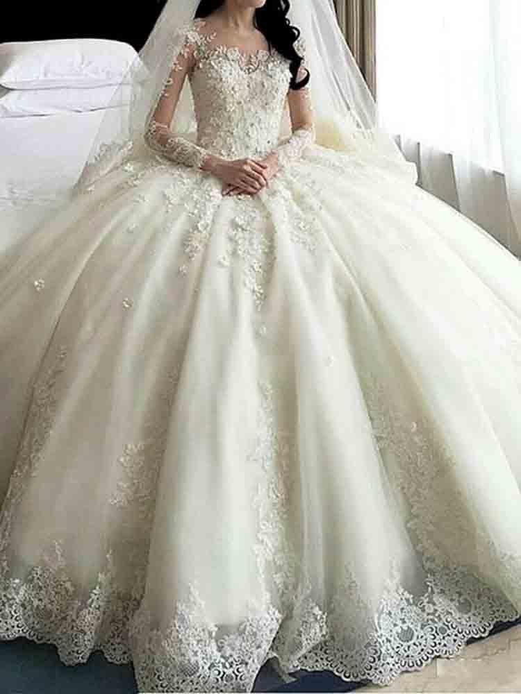 Glamorous Long Ball Gown Lace Beaded Wedding Dresses with Sleeves-showprettydress