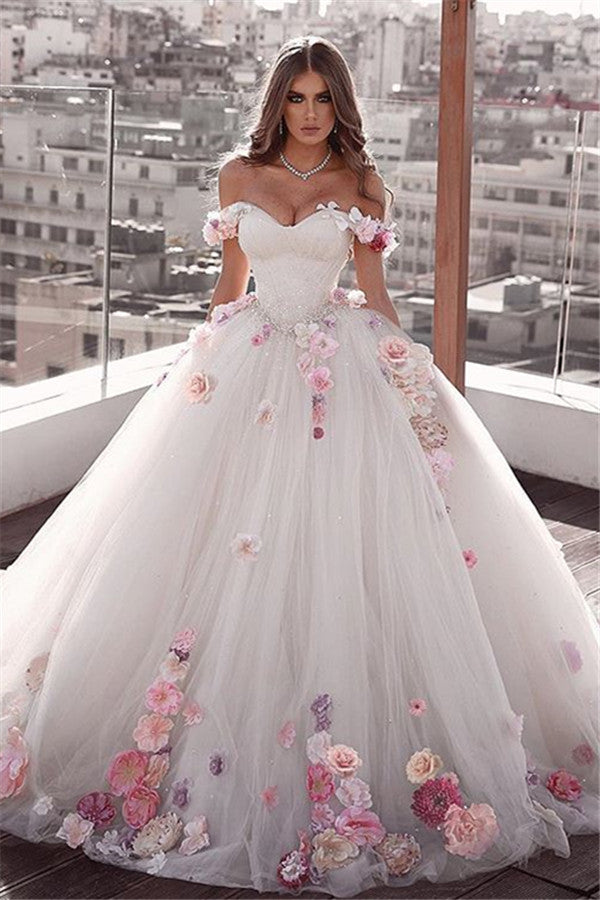 Glamorous Long Ball Gown Off The Shoulder Flower Tulle Wedding Dress-showprettydress