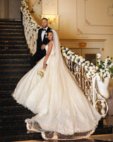 Glamorous Long Ball Gown V-neck Tulle Wedding Dress with Lace Appliques-showprettydress