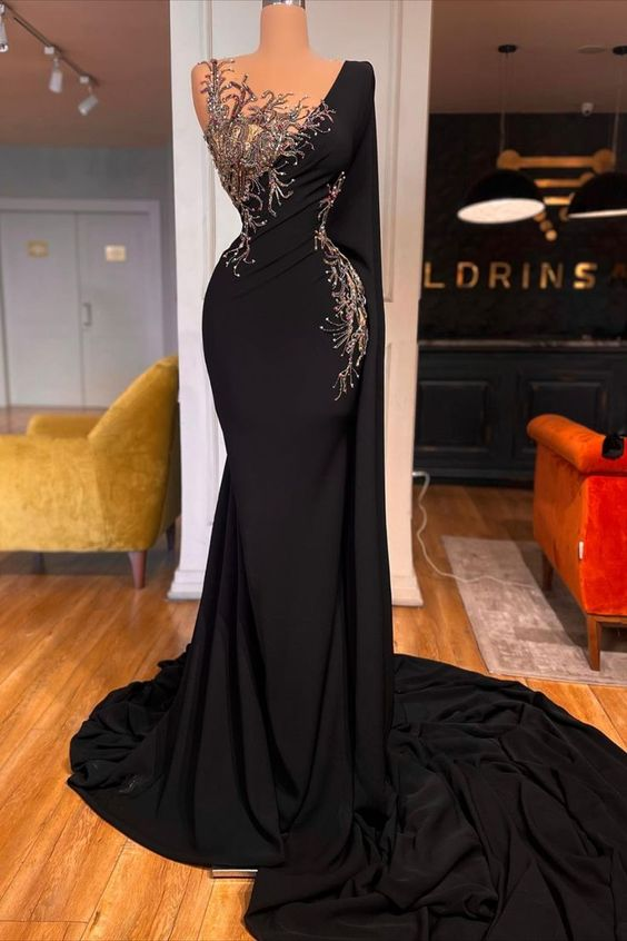 Glamorous Long Black Mermaid Beading Lace Evening Party Gowns-Showprettydress