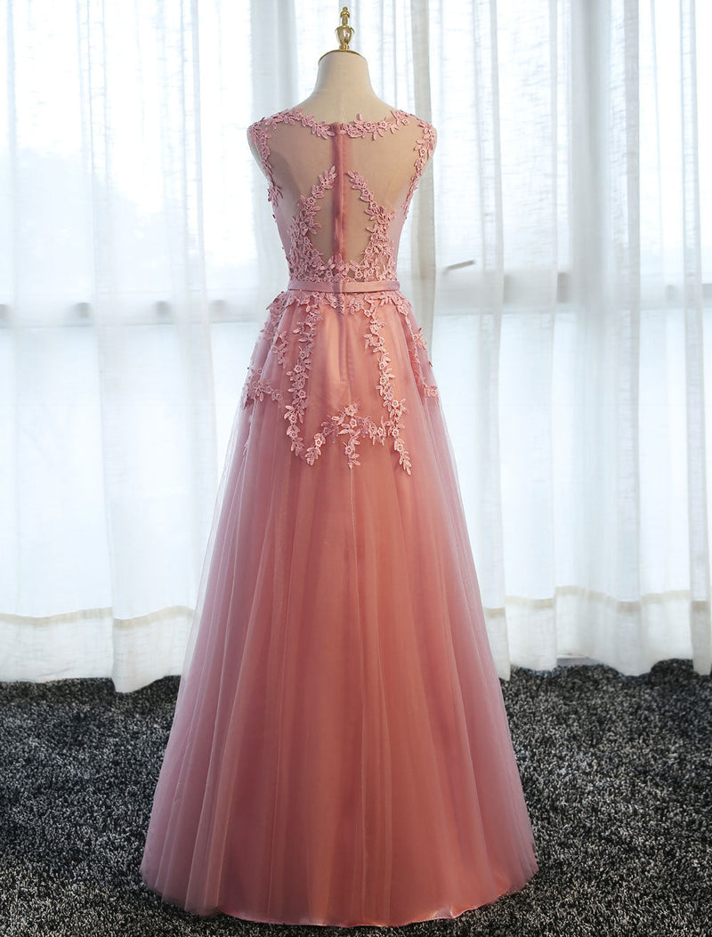 Glamorous Long Evening Dresses Lace Cameo Pink Party Dress A Line Applique Tulle Maxi Formal Dress-showprettydress