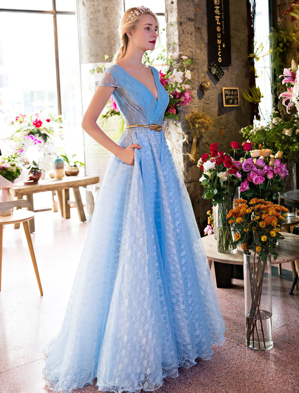 Glamorous Long Evening Dresses Luxury V Neck Rhinestones Beading Cap Sleeve Pleated Lace Tulle Baby Blue Formal Evening Dresses-showprettydress