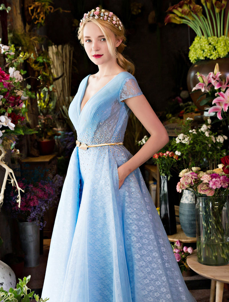 Glamorous Long Evening Dresses Luxury V Neck Rhinestones Beading Cap Sleeve Pleated Lace Tulle Baby Blue Formal Evening Dresses-showprettydress